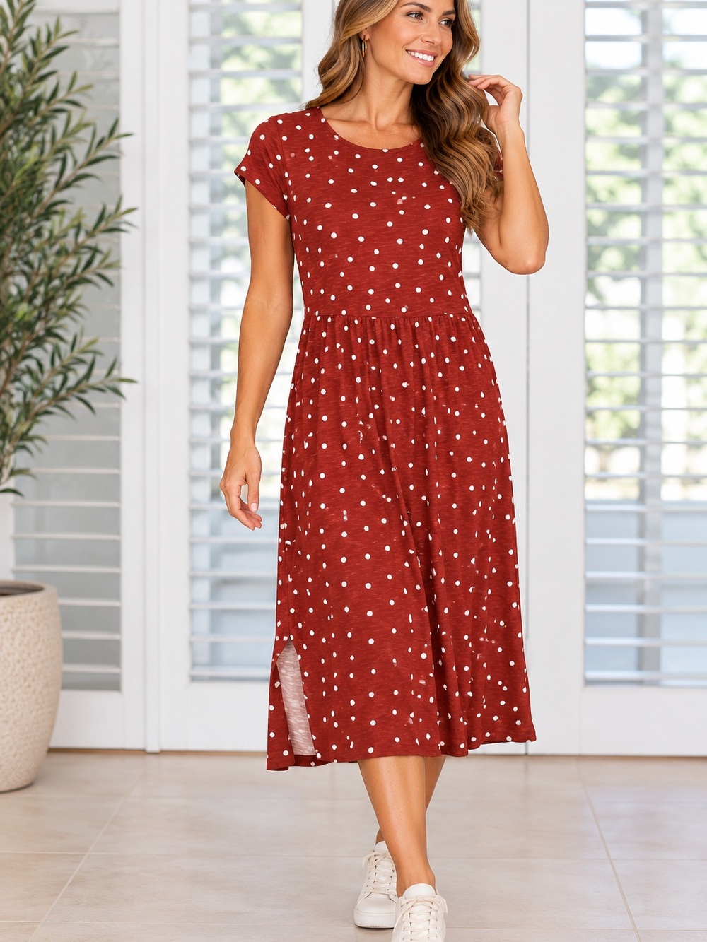 Boden Polka Dot Jersey Dress, Cotton Blend, Cottagecore